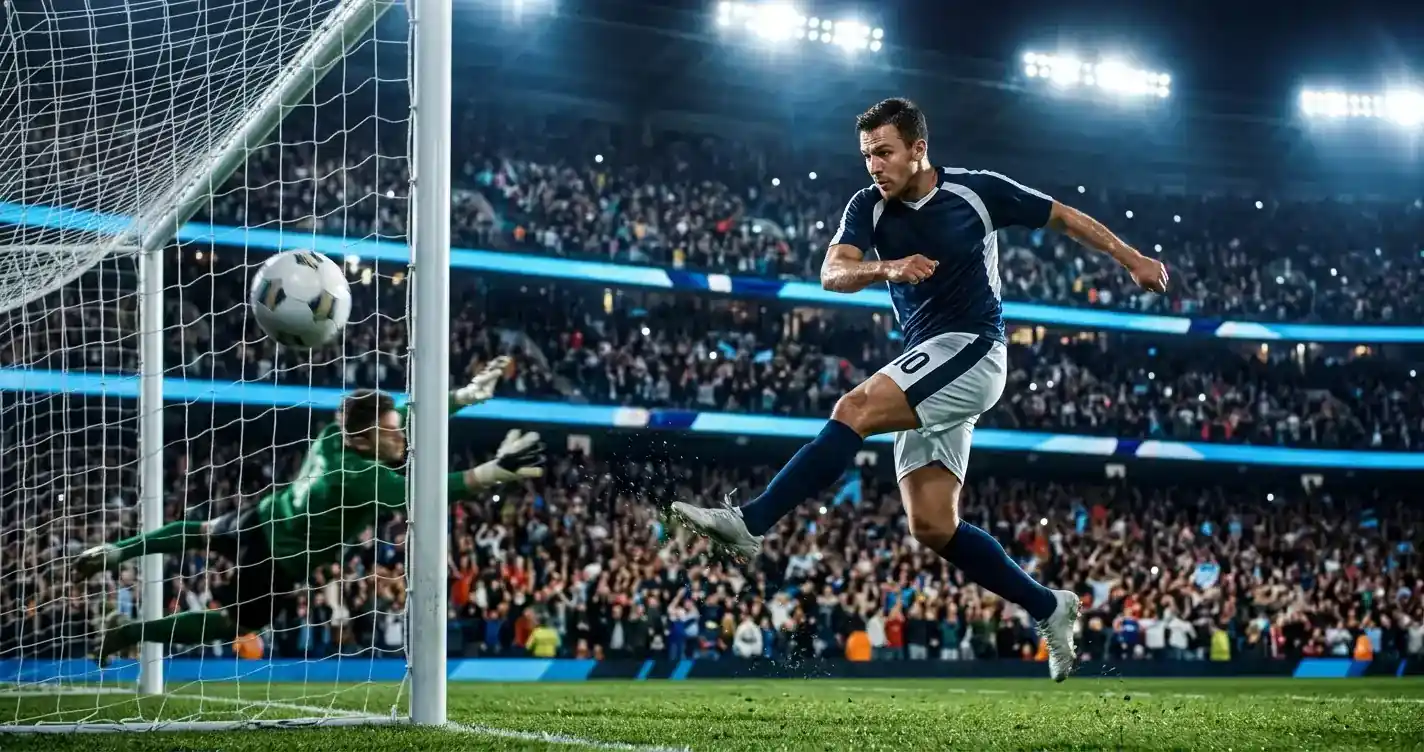 Nogometni napadalec zadene gol pred polnim stadionom