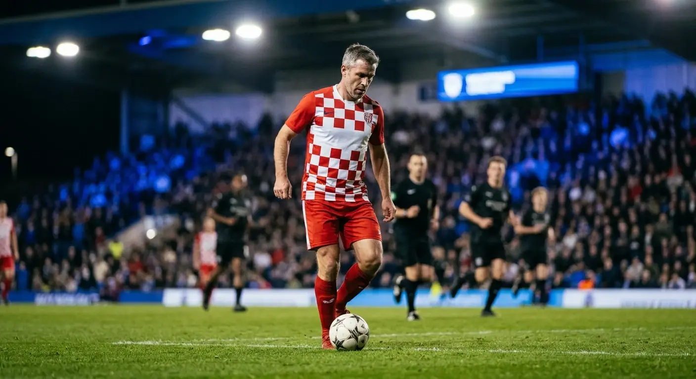 Izkušeni vezist vodi žogo pod žarometi nogometnega stadiona