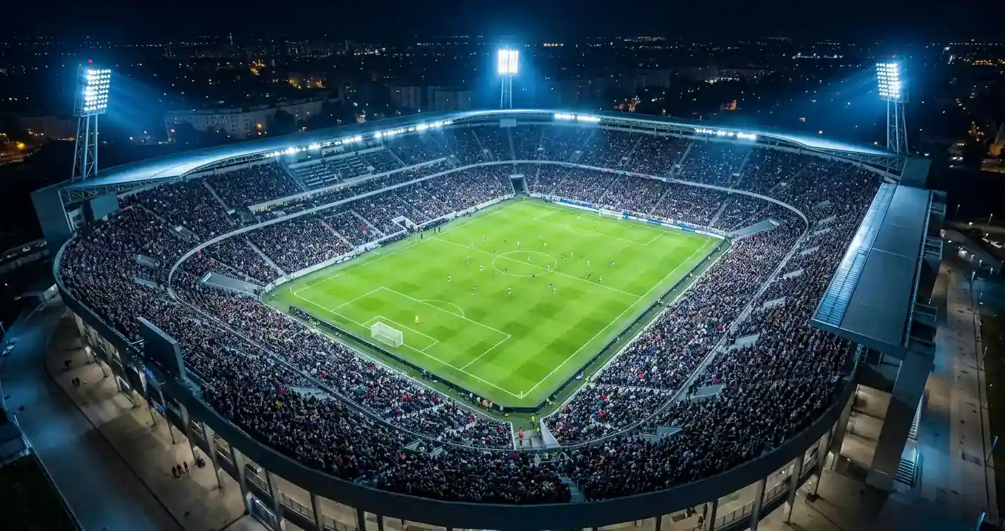Poln nogometni stadion od zgoraj med tekmo pod žarometi