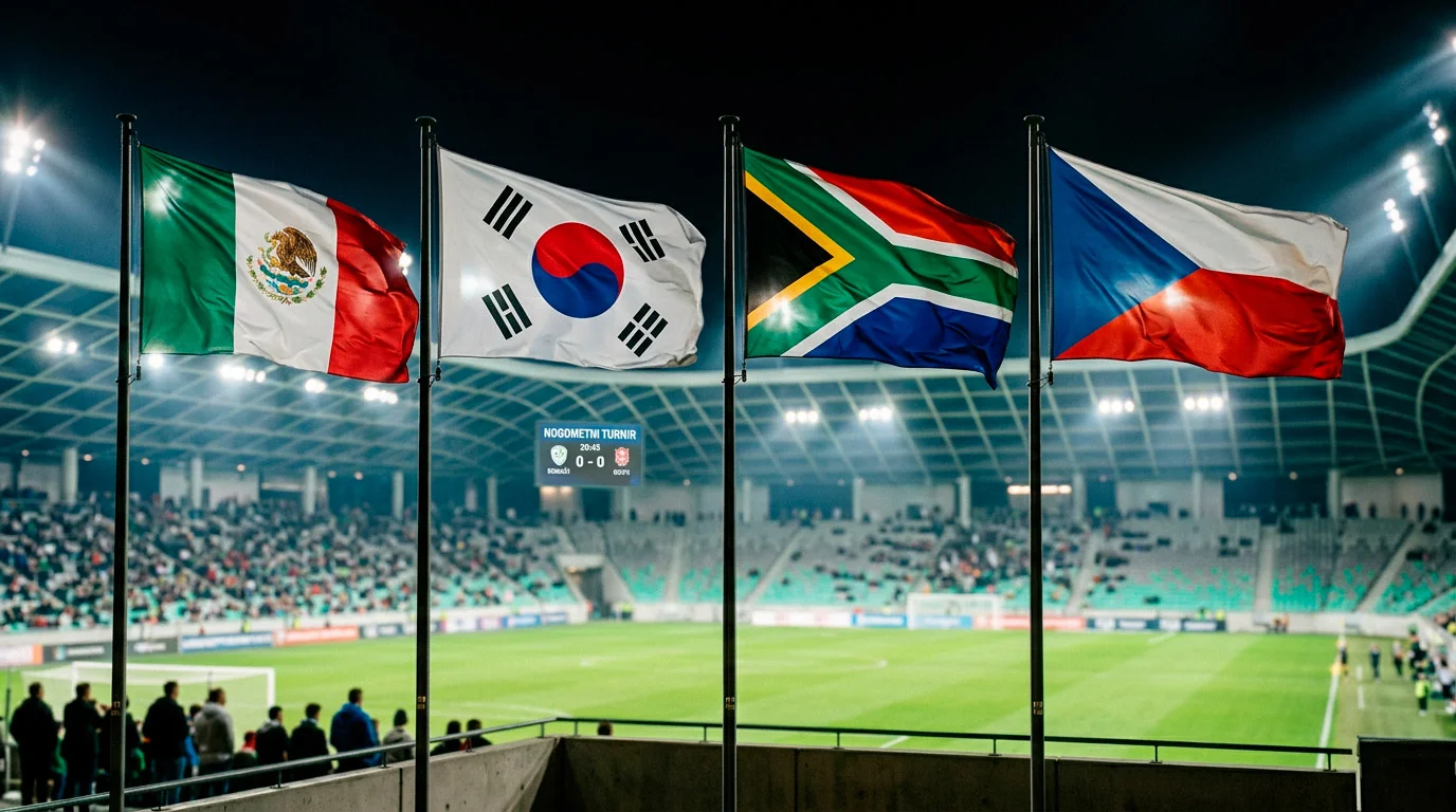 Skupina A SP 2026 z zastavami Mehike, Južne Koreje, JAR in Češke