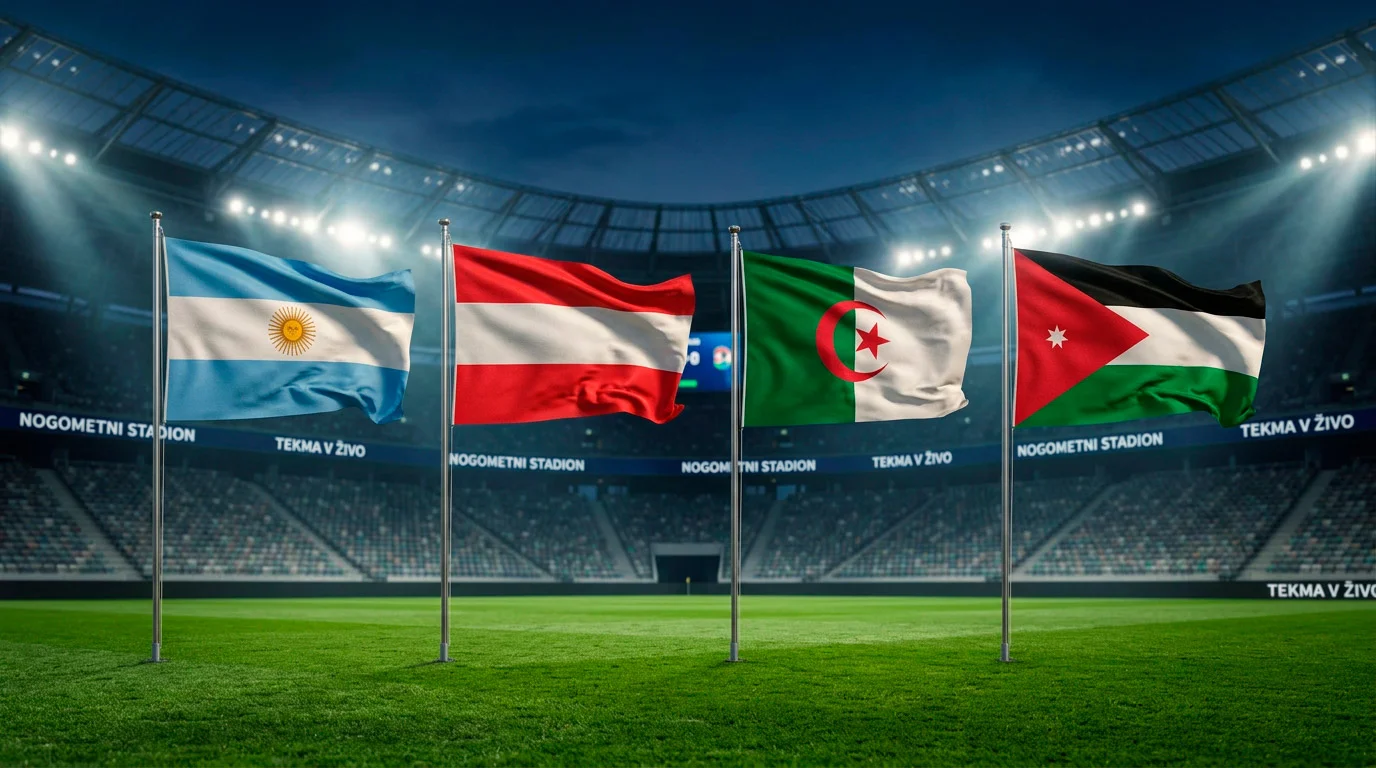 Skupina J SP 2026 z zastavami Argentine, Avstrije, Alžirije in Jordanije