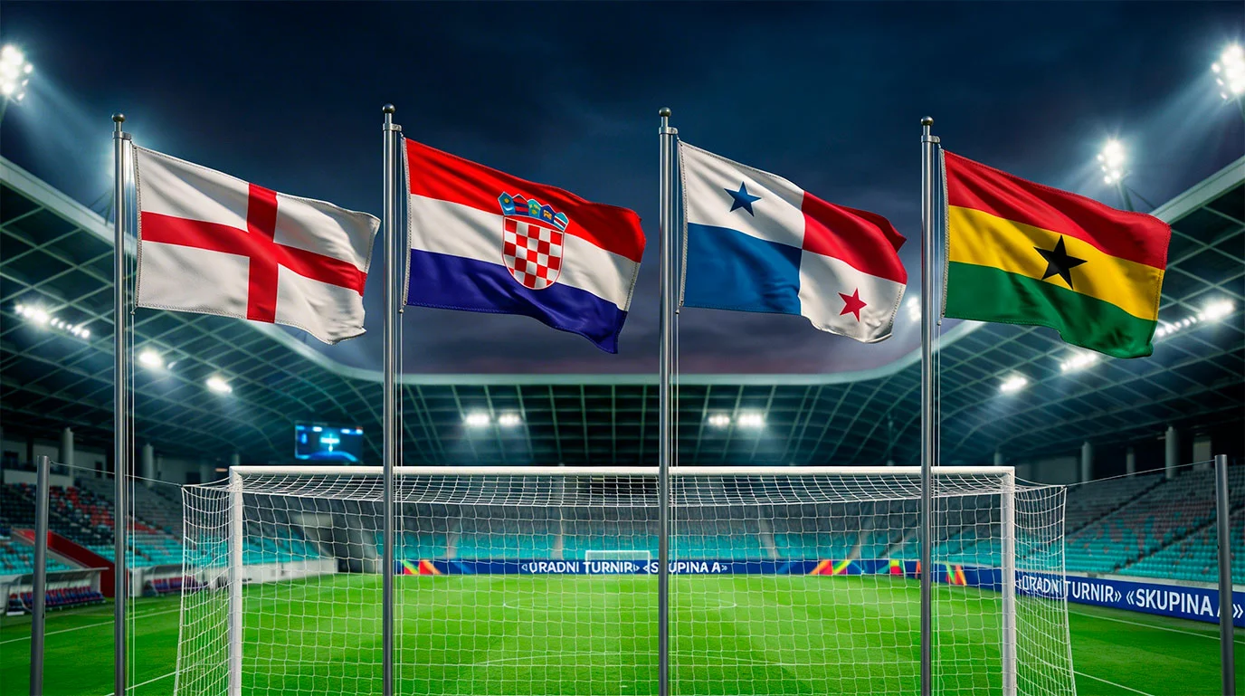 Skupina L SP 2026 z zastavami Anglije, Hrvaške, Paname in Gane